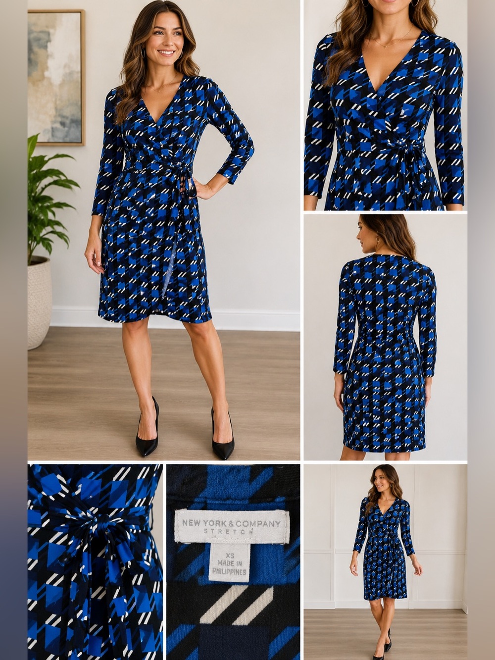 New York & Company Stretch Wrap Dress XS Blue Black Geometric